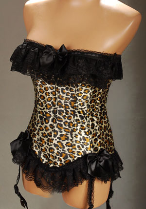 Black Leopard Pattern Corset with Rufled Trim and Ribbon Details 